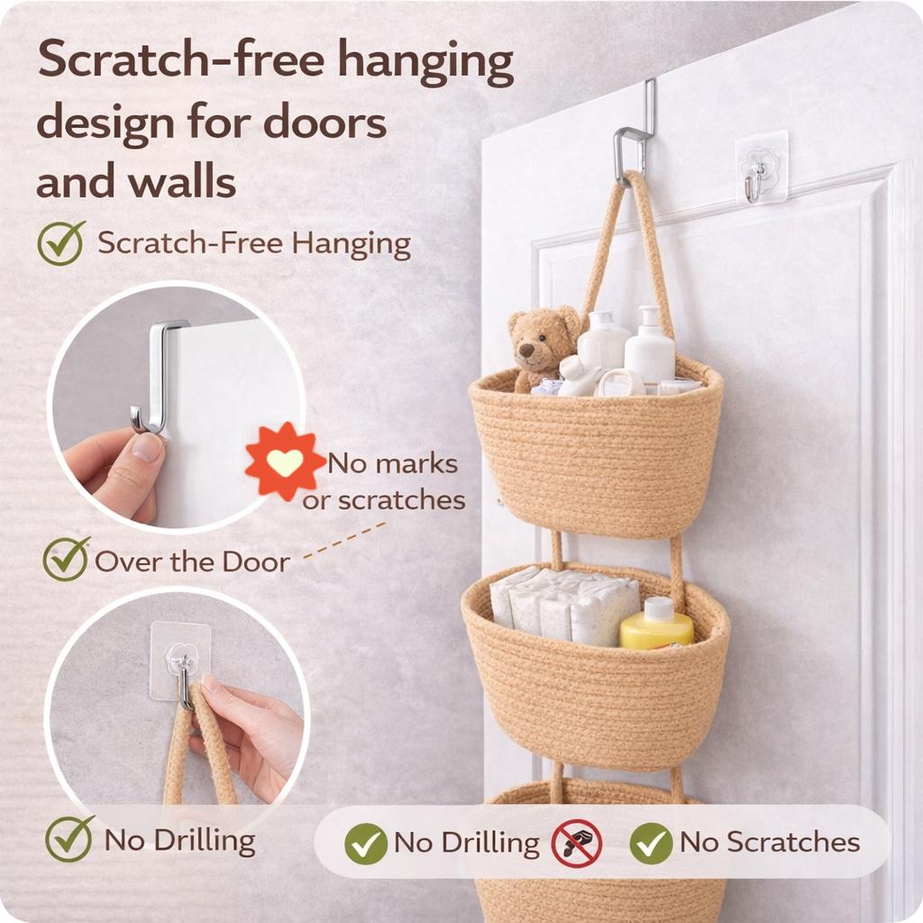 💥🏆Woven cotton 3-Tier Over the Door Basket, Wall-Mounted Jute Storage Organizer