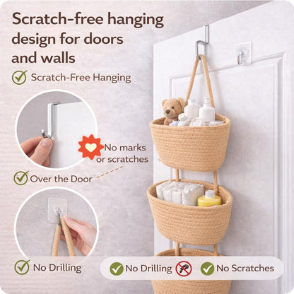 💥🏆Woven cotton 3-Tier Over the Door Basket, Wall-Mounted Jute Storage Organizer