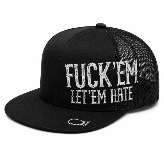 😂🛠️"FUCK EM" LET ’EM HATE Black Snapback Hat – Bold Side Print Mesh Trucker Cap, Flat Bill Streetwear Hat for Men & Women🧢
