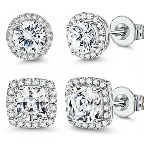 Halo Stud Earrings 4-Pack(Buy 1 get 1 free) - Gold & Silver Round/Square Styles