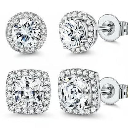 Halo Stud Earrings 4-Pack(Buy 1 get 1 free) - Gold & Silver Round/Square Styles