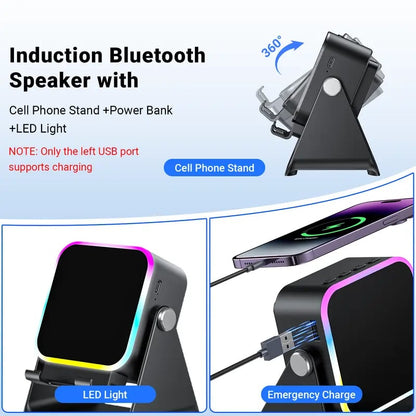 📱Wireless Induction Audio Speaker Stand, 5-in-1 Phone Stand, 1500mAh Rechargeable Emergency Power , 360° Adjustable Phone🔋