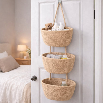 💥🏆Woven cotton 3-Tier Over the Door Basket, Wall-Mounted Jute Storage Organizer