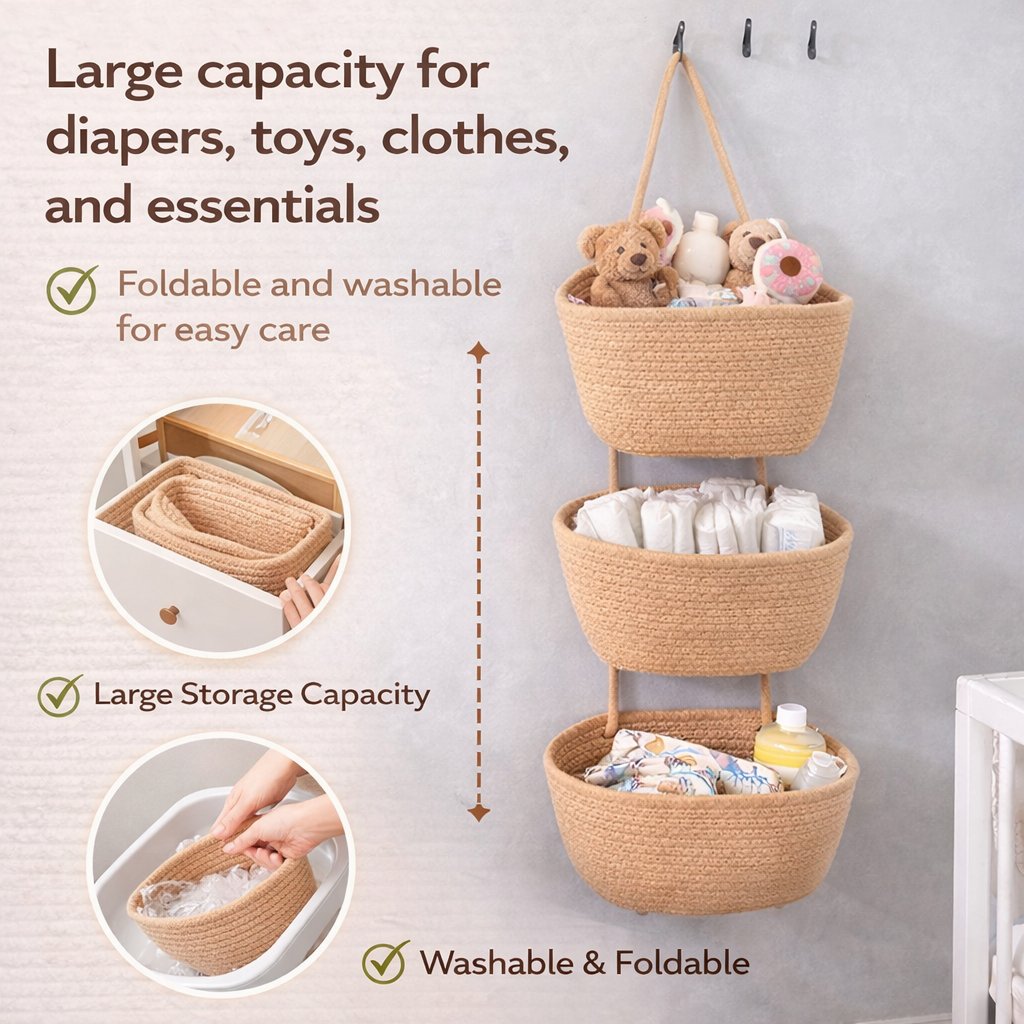 💥🏆Woven cotton 3-Tier Over the Door Basket, Wall-Mounted Jute Storage Organizer