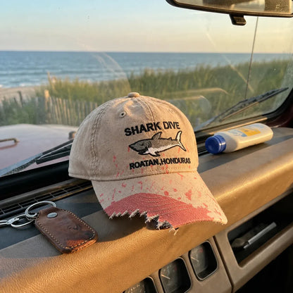 🦈 Shark Bite Baseball Cap | Embroidered Shark • Bite-Shaped Frayed Brim
