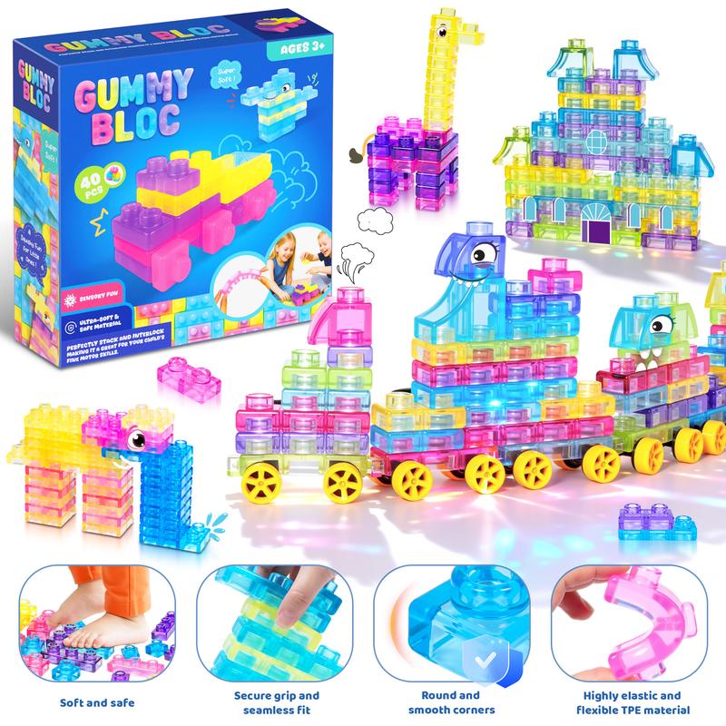 🌈Soft Jelly Stacking Blocks – 40PCS Squishy Sensory STEM Building Toy for Toddlers💛