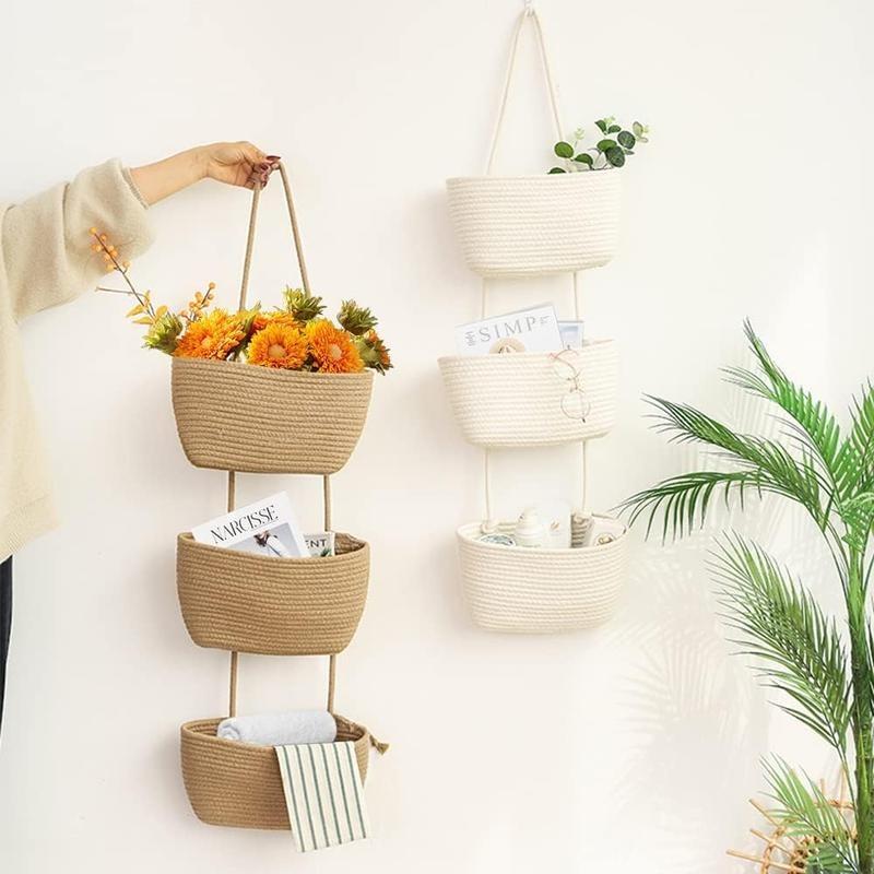 💥🏆Woven cotton 3-Tier Over the Door Basket, Wall-Mounted Jute Storage Organizer