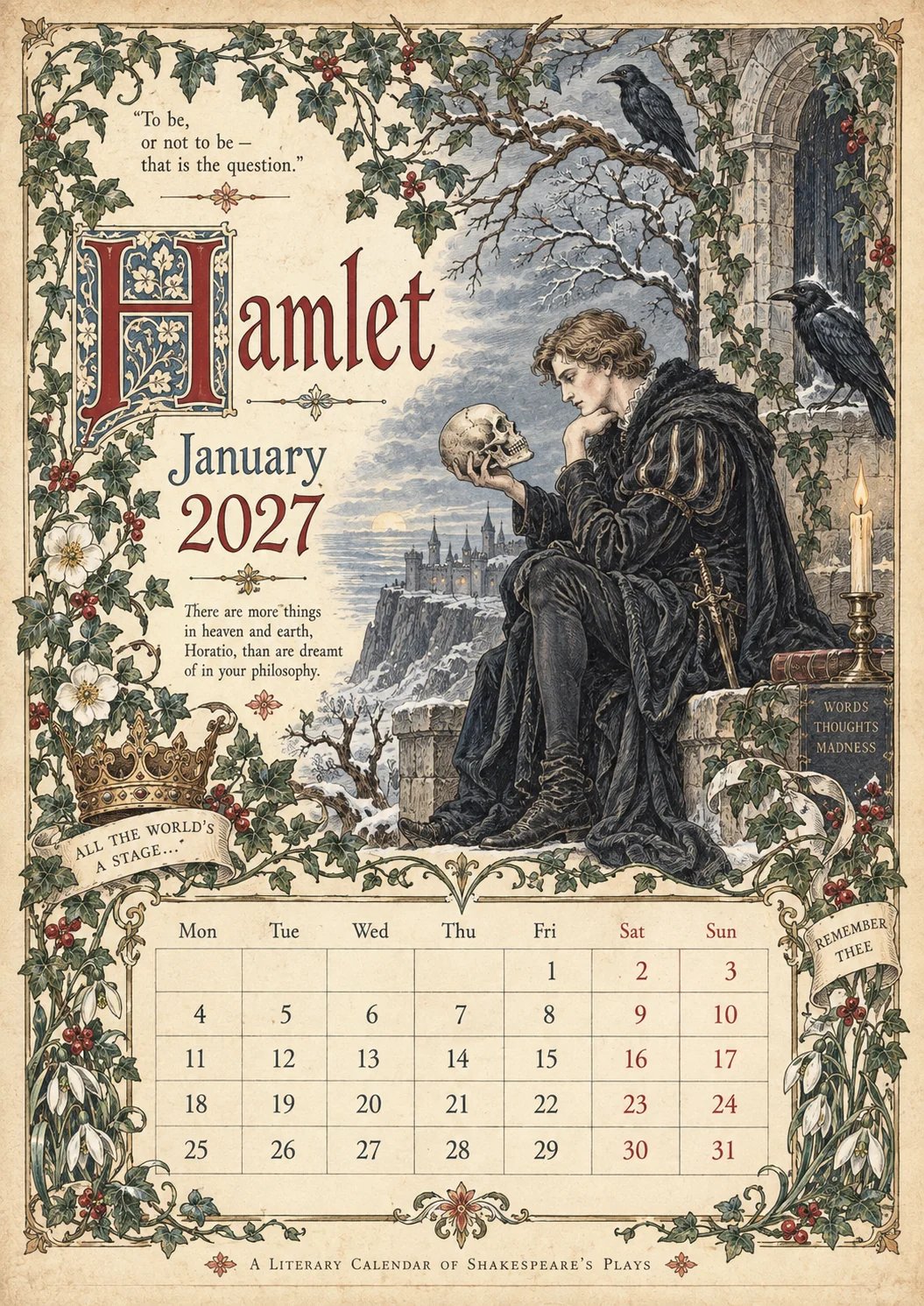 A Shakespearean Year 2027 – 12 Plays Through the Seasons | Vintage Illustrated Wall Calendar