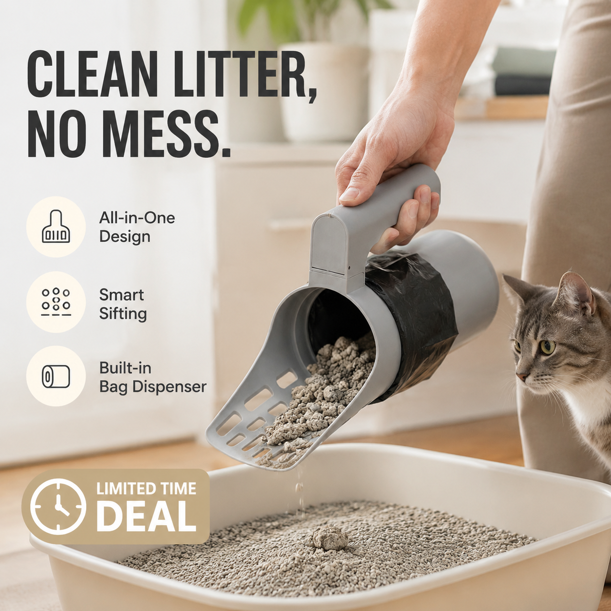📢⏰ Self-Cleaning Litter Scoop with Waste Bin – Easy One-Handed Use 🧹🗑️