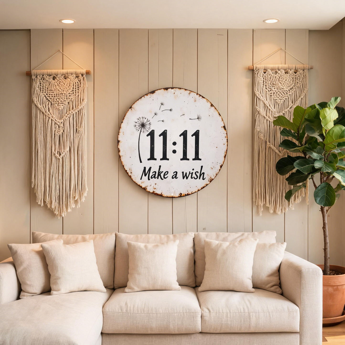 🔥Circular Rustic Metal Sign with Dandelion 11:11 Make a Wish Design