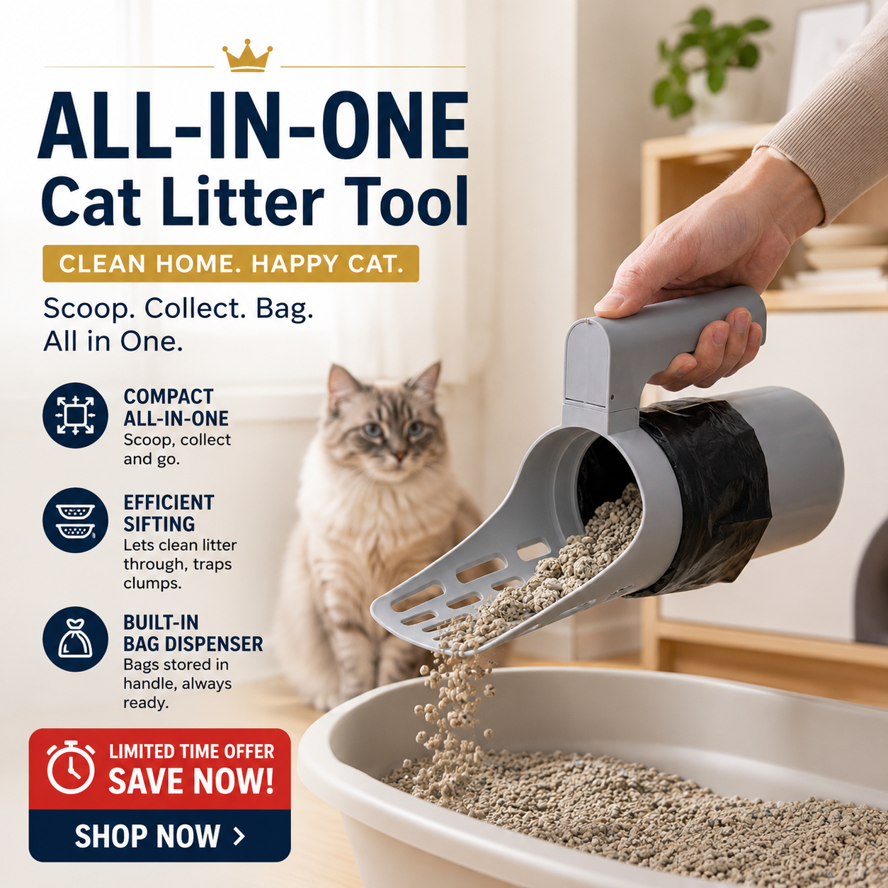 📢⏰ Self-Cleaning Litter Scoop with Waste Bin – Easy One-Handed Use 🧹🗑️