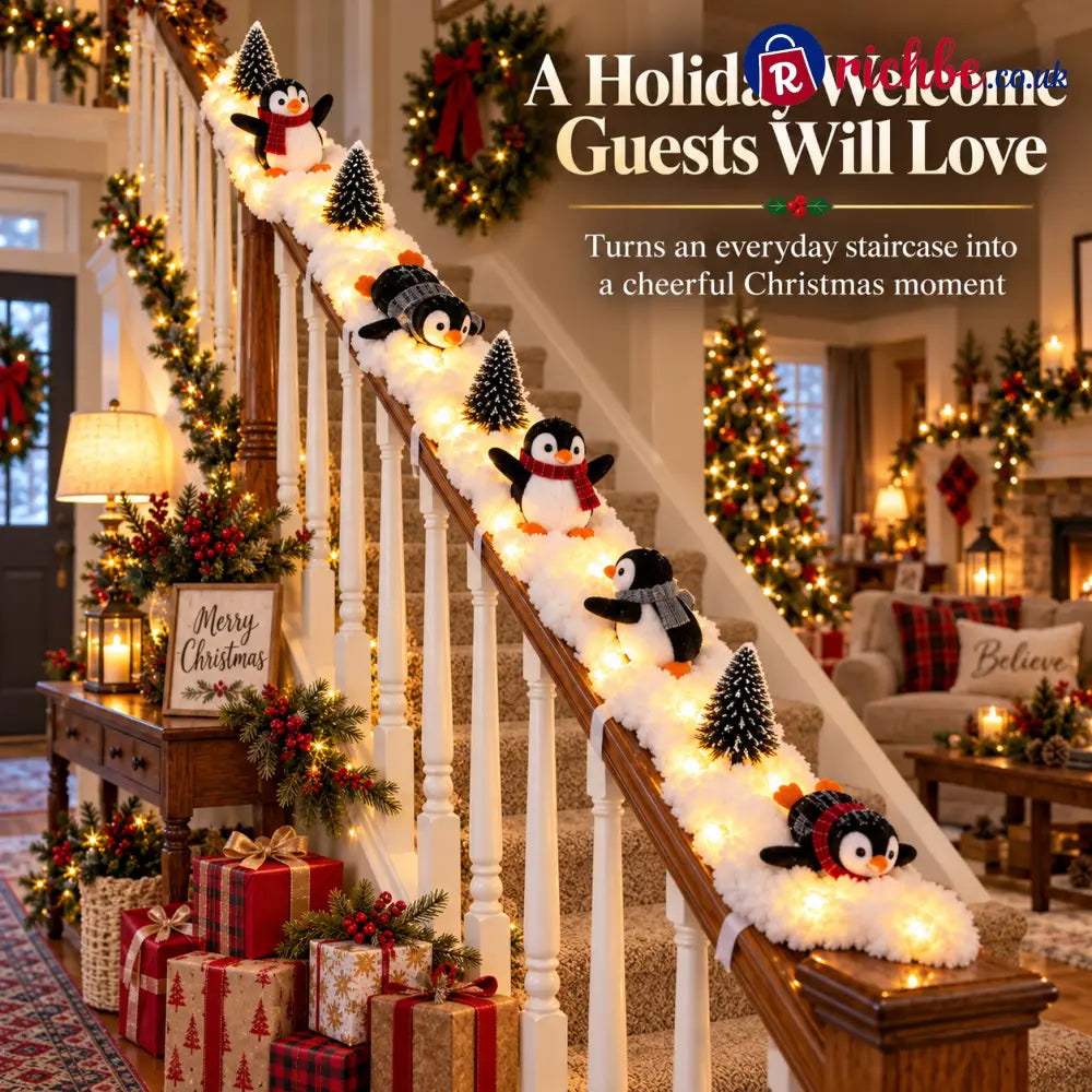 🐧 Light-Up Penguin Christmas Stair Garland – Turn Your Banister Into a Winter Wonderland ✨