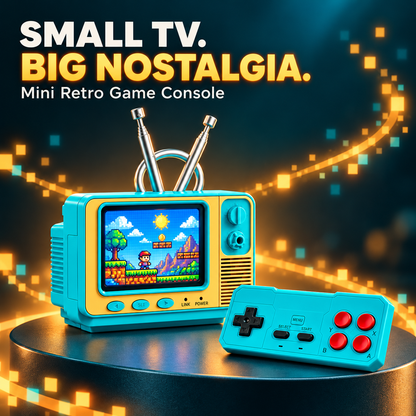 Retro mini TV game console — hero styled image