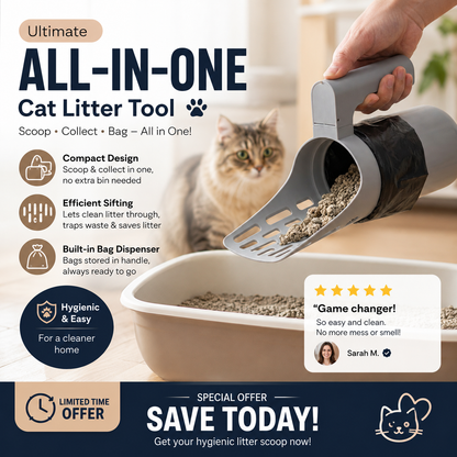 📢⏰ Self-Cleaning Litter Scoop with Waste Bin – Easy One-Handed Use 🧹🗑️