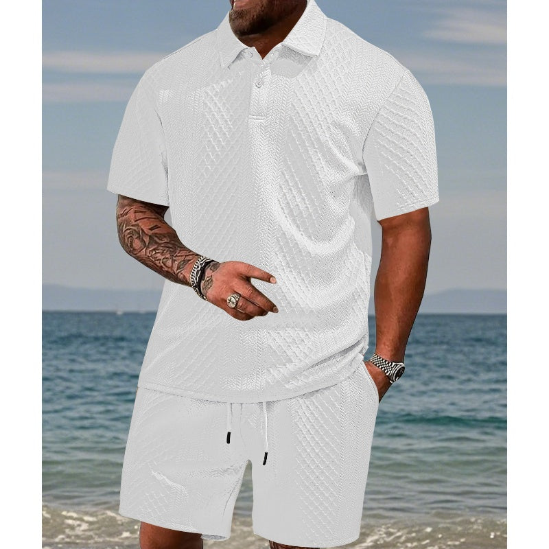 🔥Hot Sale💥Men’s Diamond Pattern Turn-Down Collar Short Sleeve Top & Drawstring Shorts 2-Piece Set