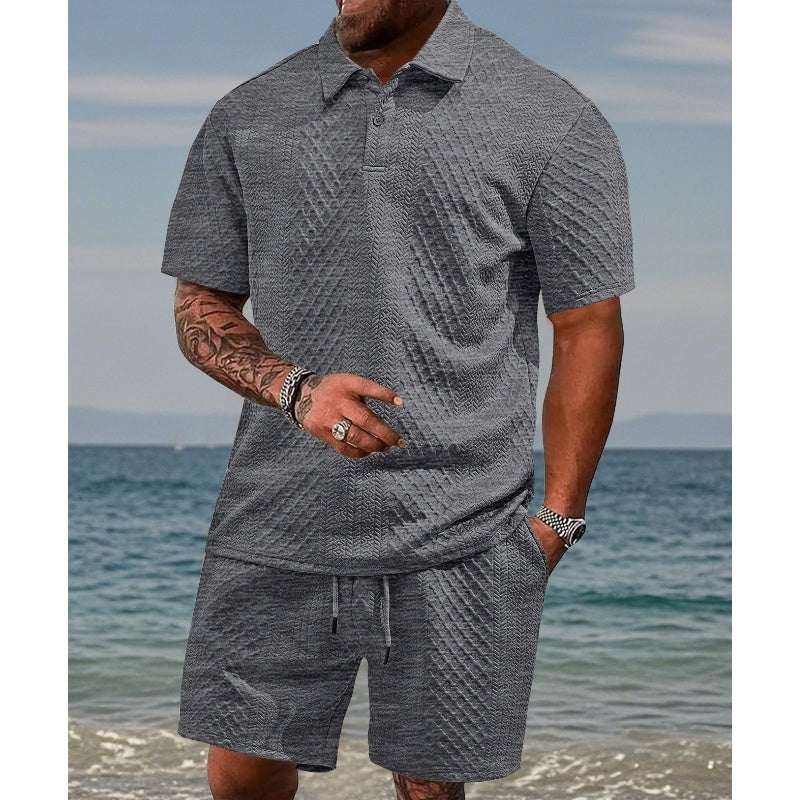 🔥Hot Sale💥Men’s Diamond Pattern Turn-Down Collar Short Sleeve Top & Drawstring Shorts 2-Piece Set