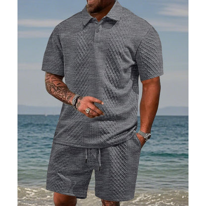 🔥Hot Sale💥Men’s Diamond Pattern Turn-Down Collar Short Sleeve Top & Drawstring Shorts 2-Piece Set