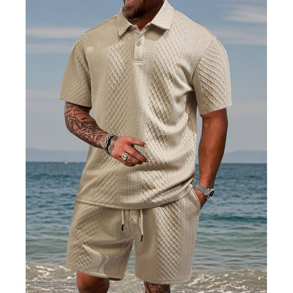 🔥Hot Sale💥Men’s Diamond Pattern Turn-Down Collar Short Sleeve Top & Drawstring Shorts 2-Piece Set