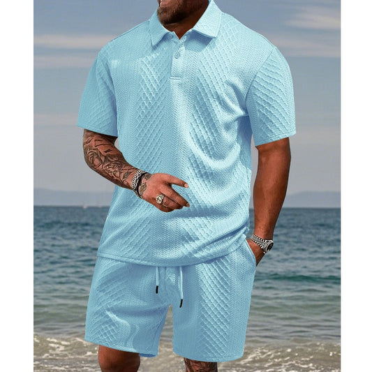 🔥Hot Sale💥Men’s Diamond Pattern Turn-Down Collar Short Sleeve Top & Drawstring Shorts 2-Piece Set