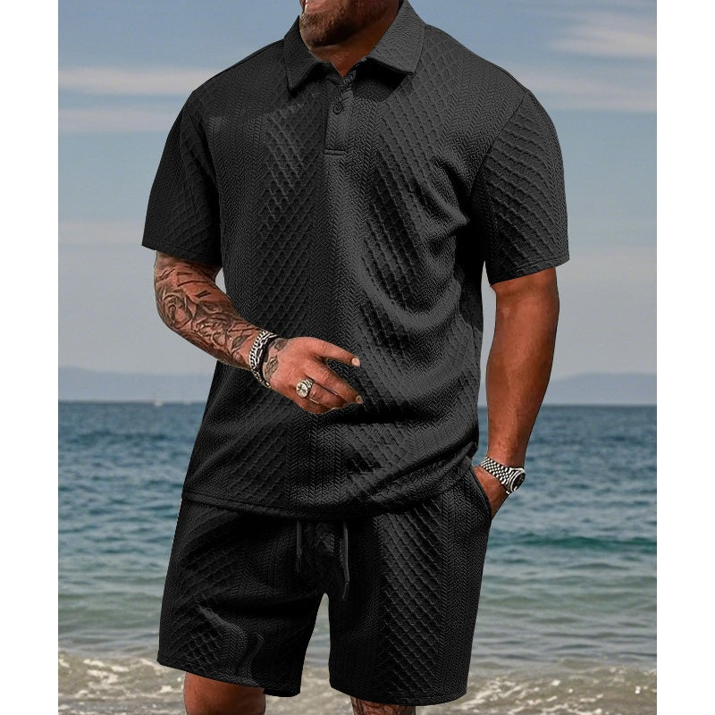 🔥Hot Sale💥Men’s Diamond Pattern Turn-Down Collar Short Sleeve Top & Drawstring Shorts 2-Piece Set