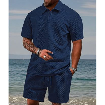 🔥Hot Sale💥Men’s Diamond Pattern Turn-Down Collar Short Sleeve Top & Drawstring Shorts 2-Piece Set