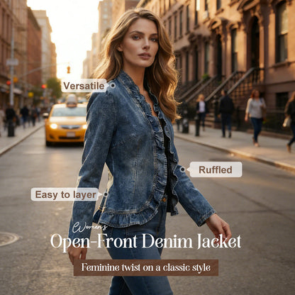 ✨ Women's Denim Jacket – Open-Front, Ruffle Trim, Lightweight, Classic Wash ✨