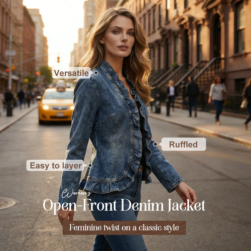 ✨ Women's Denim Jacket – Open-Front, Ruffle Trim, Lightweight, Classic Wash ✨