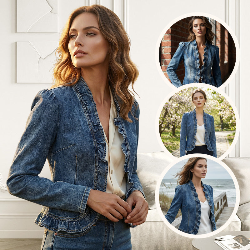 ✨ Women's Denim Jacket – Open-Front, Ruffle Trim, Lightweight, Classic Wash ✨