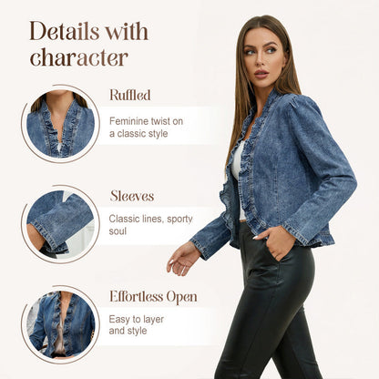 ✨ Women's Denim Jacket – Open-Front, Ruffle Trim, Lightweight, Classic Wash ✨