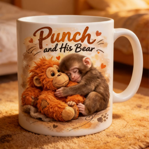 "Punch and His Bear" Cute Monkey Ceramic Mug