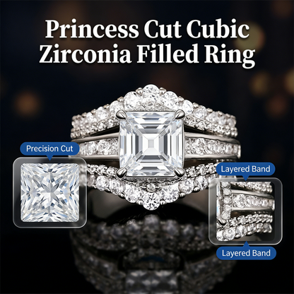 💍 💥 Bague Femme Zircone Cubique Taille Princesse – Sertissage Pavé, Anneau Multi-Couches, Éclat Brillant ✨
