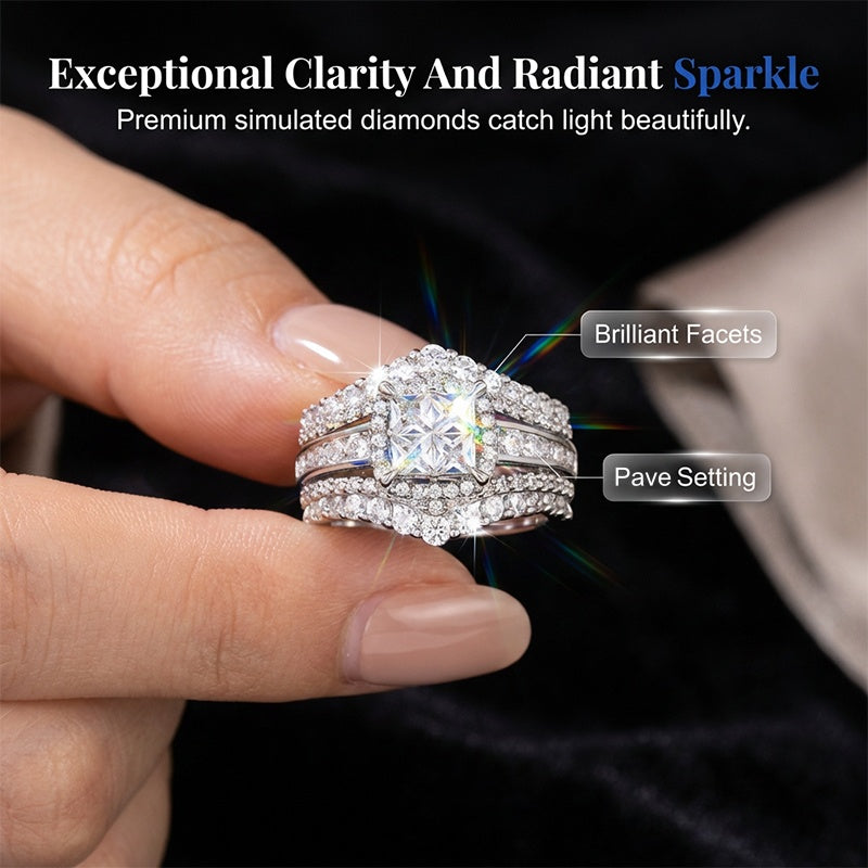 💍 💥 Bague Femme Zircone Cubique Taille Princesse – Sertissage Pavé, Anneau Multi-Couches, Éclat Brillant ✨