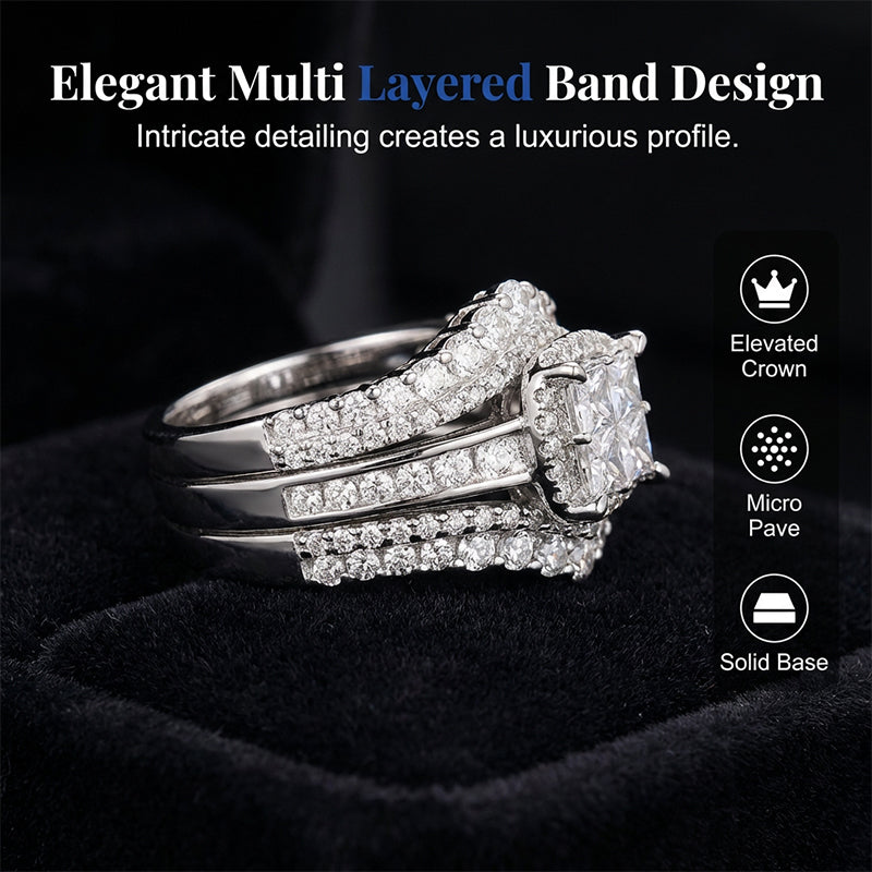💍 💥 Bague Femme Zircone Cubique Taille Princesse – Sertissage Pavé, Anneau Multi-Couches, Éclat Brillant ✨