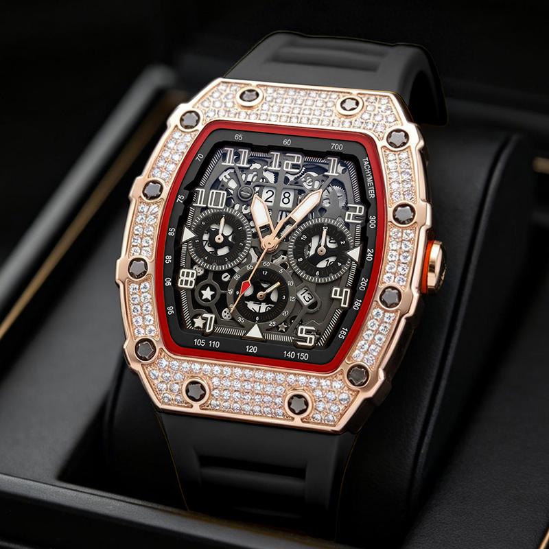 ⏰ Luxury Men's Tonneau-Shaped Watch with Rhinestone Embellishment
