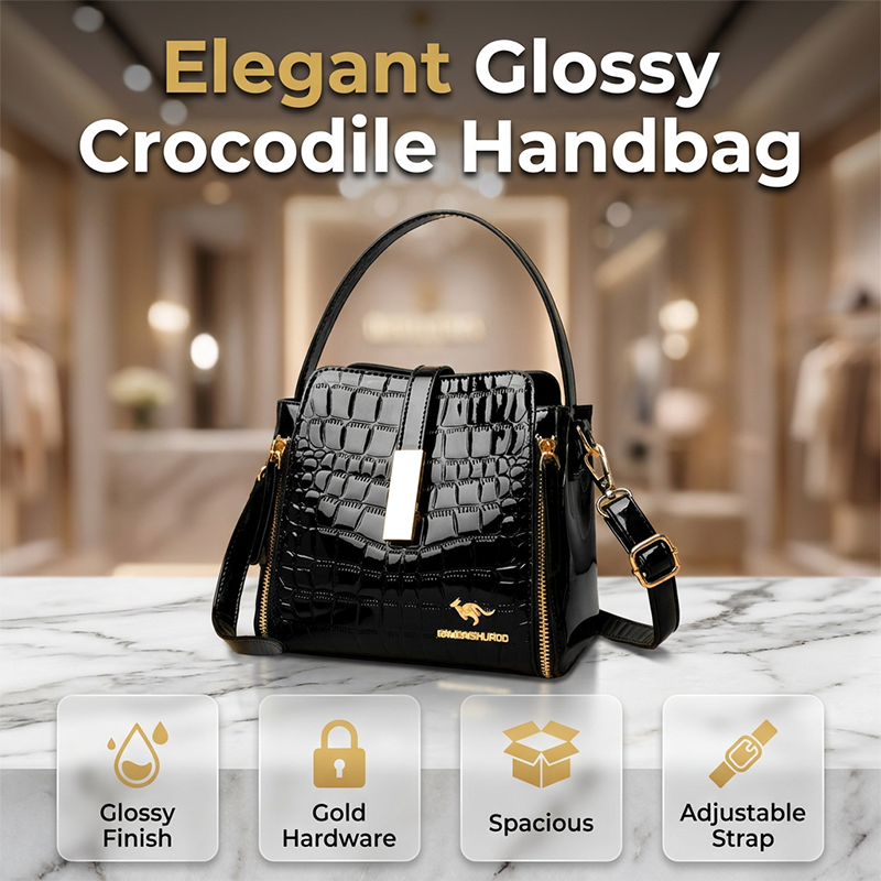 👜 ✨ Glossy Crocodile Pattern Women's Handbag – Structured, Gold Hardware, Spacious & Chic 💼