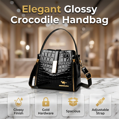 👜 ✨ Glossy Crocodile Pattern Women's Handbag – Structured, Gold Hardware, Spacious & Chic 💼