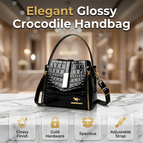 👜 ✨ Glossy Crocodile Pattern Women's Handbag – Structured, Gold Hardware, Spacious & Chic 💼