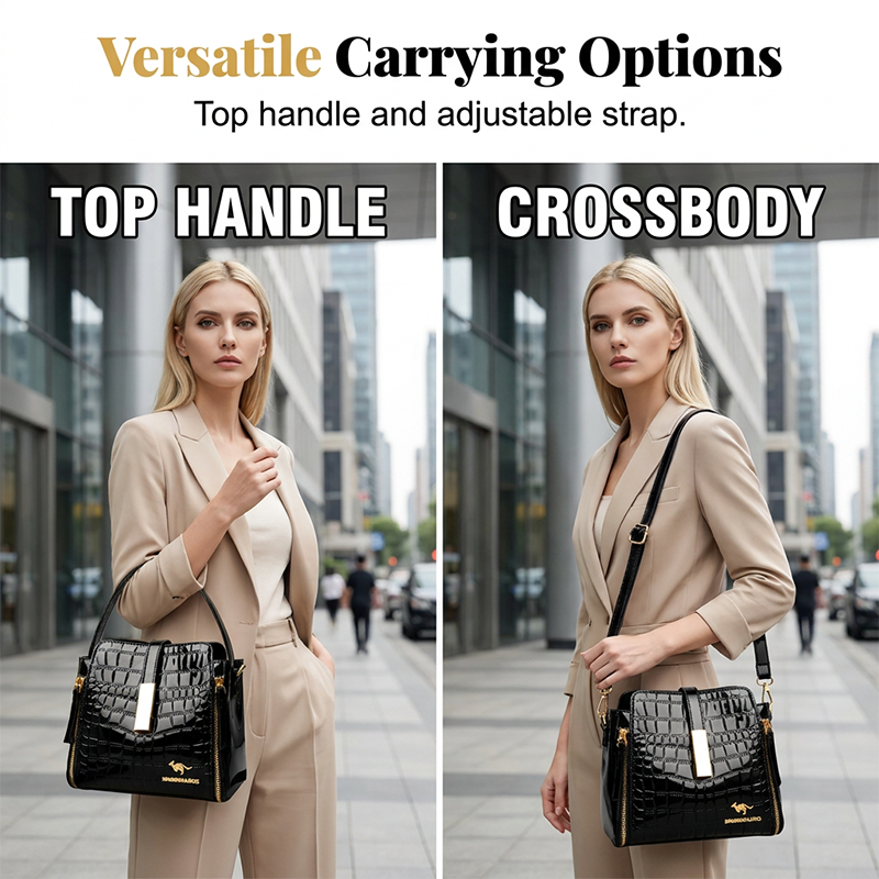 👜 ✨ Glossy Crocodile Pattern Women's Handbag – Structured, Gold Hardware, Spacious & Chic 💼