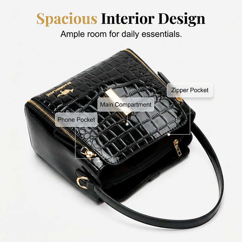 👜 ✨ Glossy Crocodile Pattern Women's Handbag – Structured, Gold Hardware, Spacious & Chic 💼