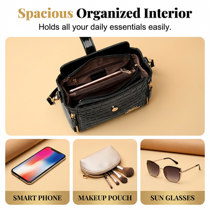 👜 ✨ Glossy Crocodile Pattern Women's Handbag – Structured, Gold Hardware, Spacious & Chic 💼