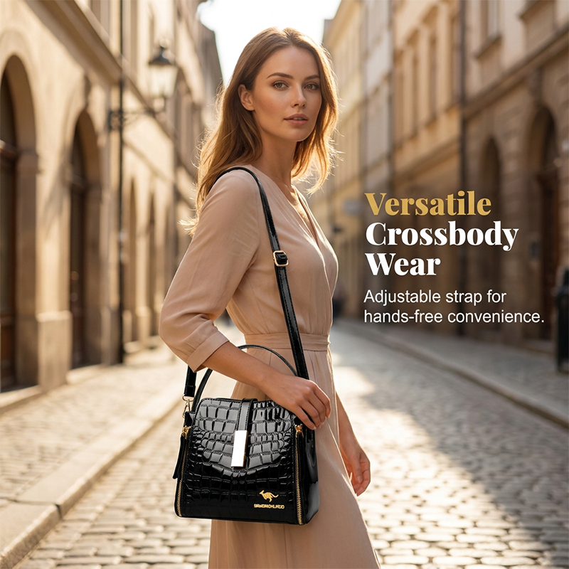 👜 ✨ Glossy Crocodile Pattern Women's Handbag – Structured, Gold Hardware, Spacious & Chic 💼