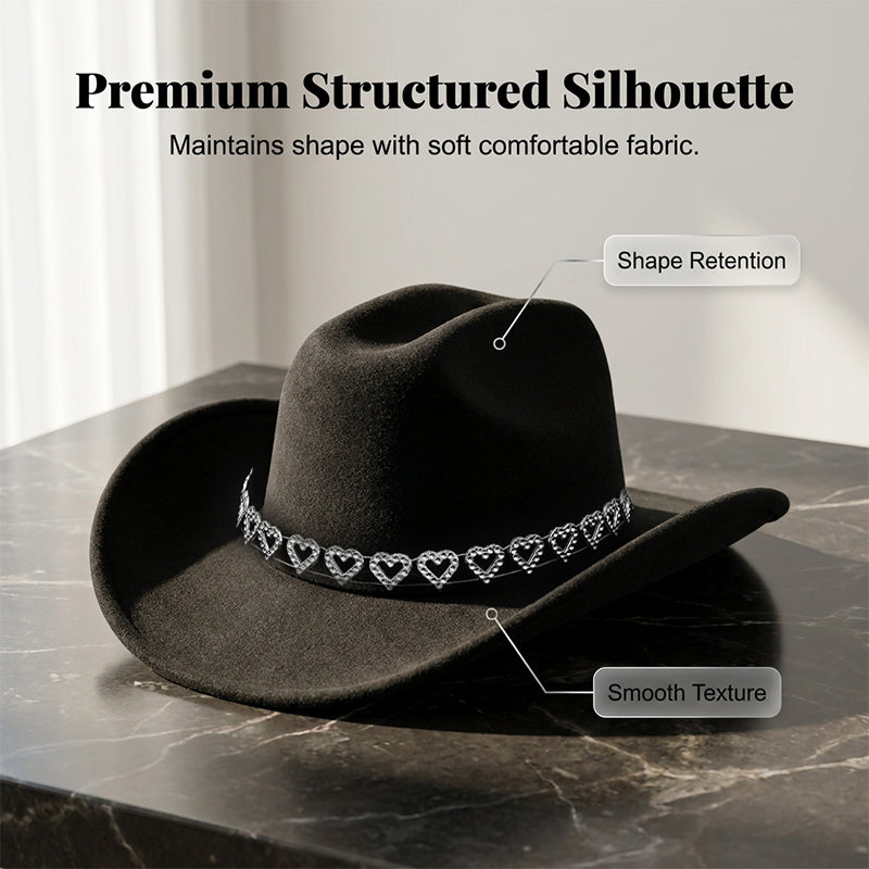 Rhinestone Heart-Shaped Denim Hat | Elegant French Jazz Fedora