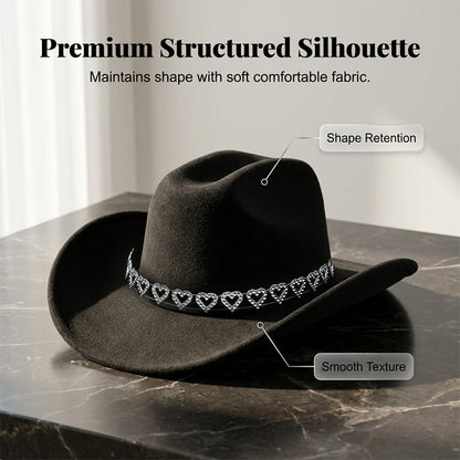 Rhinestone Heart-Shaped Denim Hat | Elegant French Jazz Fedora