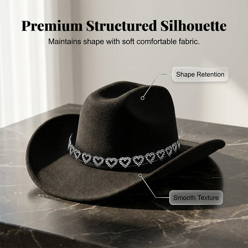 Rhinestone Heart-Shaped Denim Hat | Elegant French Jazz Fedora