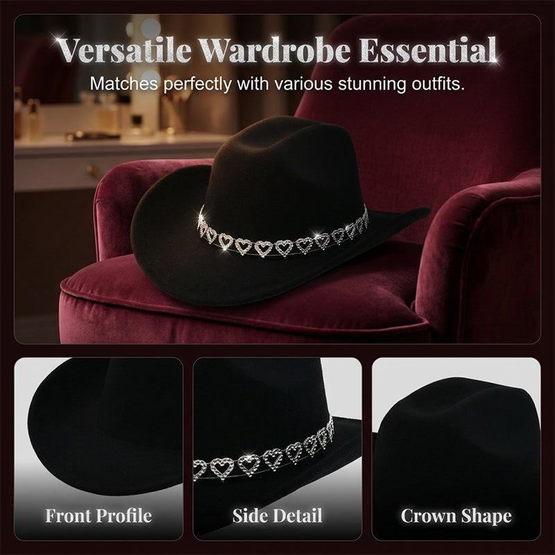 Rhinestone Heart-Shaped Denim Hat | Elegant French Jazz Fedora