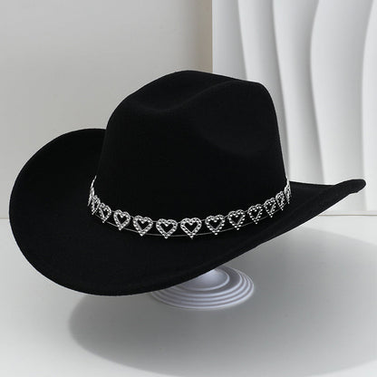 Rhinestone Heart-Shaped Denim Hat | Elegant French Jazz Fedora