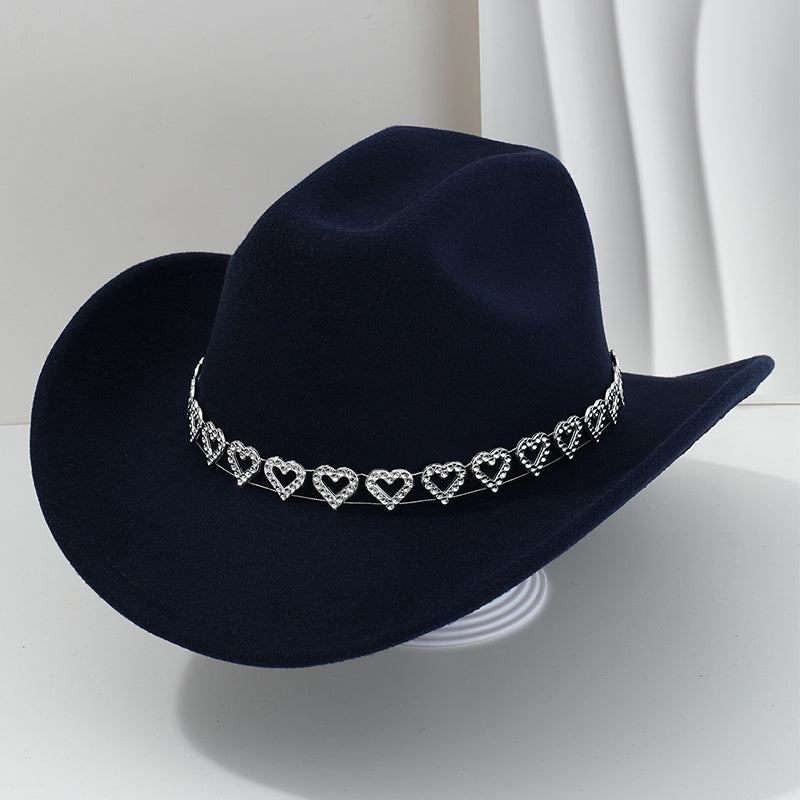 Rhinestone Heart-Shaped Denim Hat | Elegant French Jazz Fedora