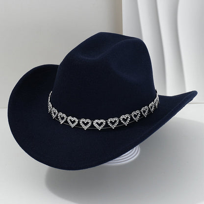 Rhinestone Heart-Shaped Denim Hat | Elegant French Jazz Fedora