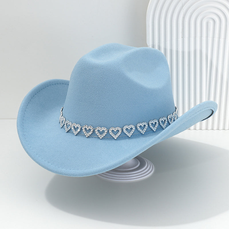 Rhinestone Heart-Shaped Denim Hat | Elegant French Jazz Fedora