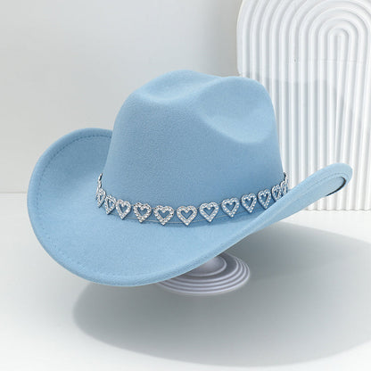 Rhinestone Heart-Shaped Denim Hat | Elegant French Jazz Fedora